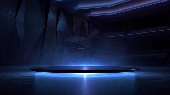 Empty Futuristic Podium Stage with Blue Neon Lighting