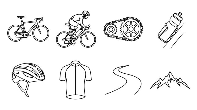 Cycling sport icon set, minimalist black outline vector illustration