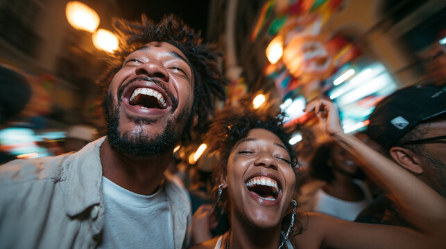Excited Friends Laughing and Dancing at Night Street Party