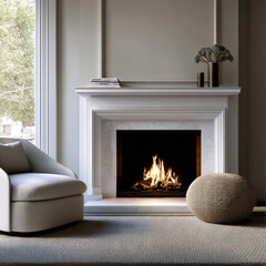 Obraz premium White fireplace modern living room cozy armchair round pouf burning fire large window neutral decor daylight