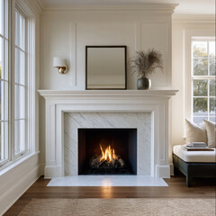 Obraz premium White fireplace marble surround modern living room cozy fire large window natural light elegant decor neutral color palette