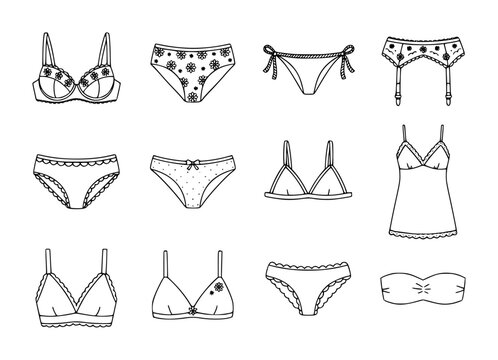 Collection of hand-drawn lingerie featuring various styles of bras, panties, and undergarments for women