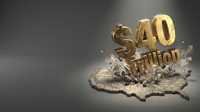 Golden dollar sign with 40 trillion text breaking apart US map world economy global economic