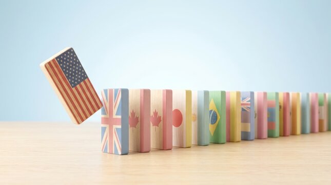 Row of wooden blocks decorated with international flags with one US flag block about to fall