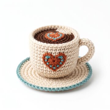 Cute handmade crochet coffee cup with heart pattern and saucer isolated on white background