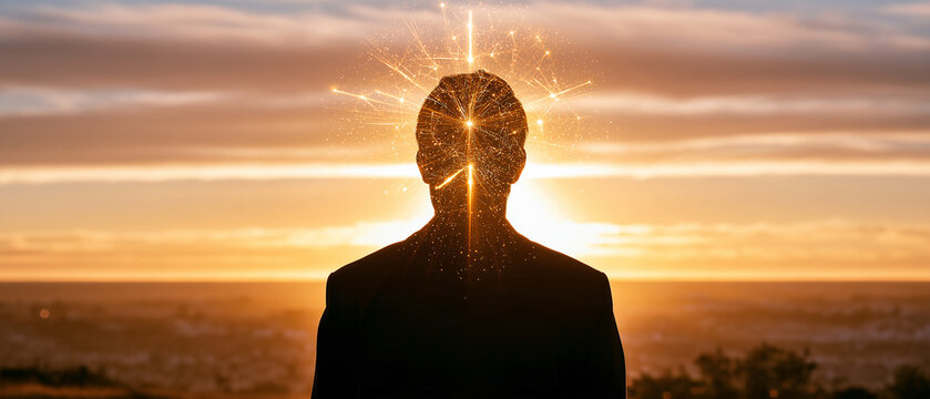 Spark of Genius: A silhouette of a person's head with a bright light emanating from it, symbolizing inspiration and innovative thought, set against a vibrant sunset sky.