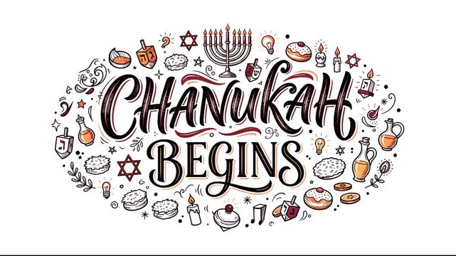 Chanukah Begins lettering banner with hand drawn Hanukkah menorah dreidel and traditional jewish holiday food doodles

