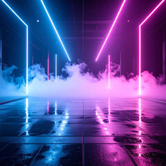 Obraz premium A futuristic dark stage featuring neon blue and pink lights reflecting on a glossy wet floor, filled with swirling cinematic fog. No people in this evocative, highenergy tech background space.