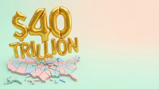 Golden balloons forming 40 trillion hover above a fragmented map of the United States