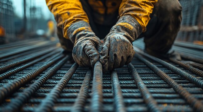 Close Up Worker Hands Adjusting Steel Framework on Construction Site