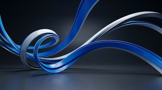 A stunning architectural visualization of a modern parametric ribbon atrium featuring flowing blue and silver curves set against a dark moody background