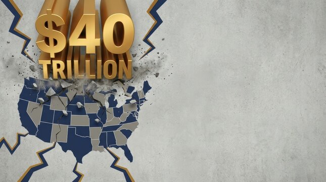 Golden 40 trillion dollar sign crashing into map of United States causing destruction