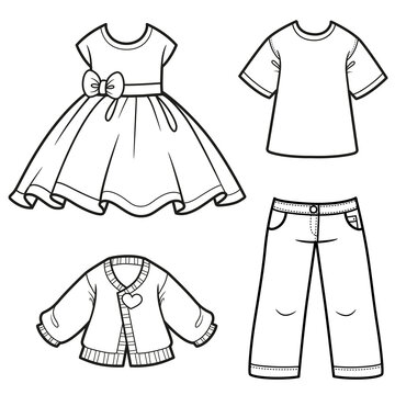 Dress with fluffy skirt, jeans, T-shirt and jacket outline for coloring on a white background