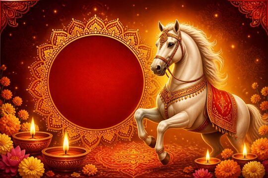 Decorative horse rearing amid illuminated festival altar