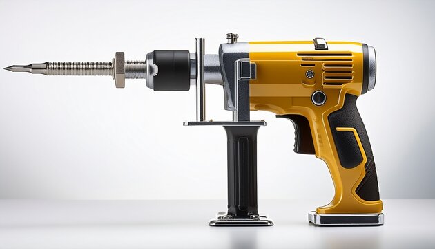 nail gun product render on bright white studio backdrop