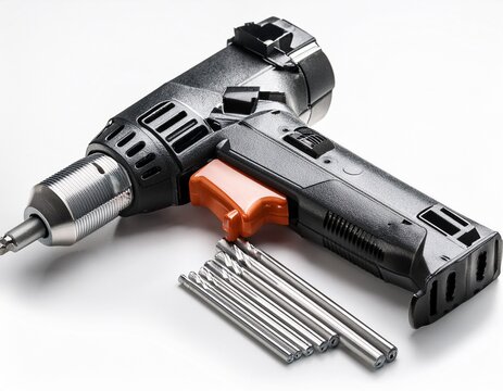 pneumatic nail gun with magazine on white background