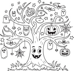 Fototapeta premium Cute Halloween cartoon tree vector illustration with a smiling face, hanging bats, pumpkins, spider webs, owls, and ghosts for coloring book page