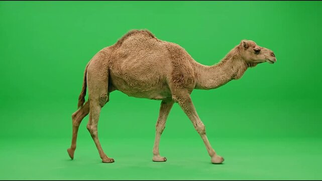Majestic dromedary camel walking steadily across a bright green screen background in this high quality video