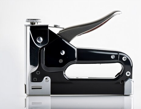 black staple gun isolated on clean white studio surface