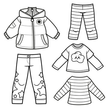 Insulated jacket, striped long-sleeve top with a cloud design, leggings, and jeans outlined for coloring page