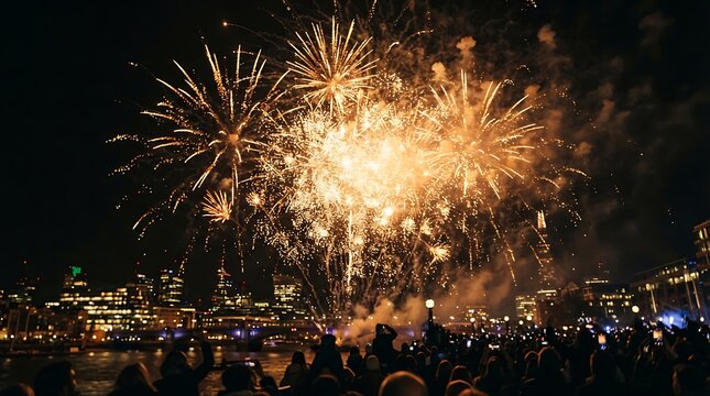 Golden fireworks exploding over city crowd