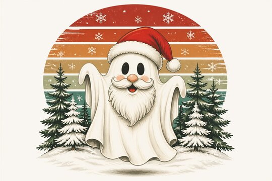 Santa ghost illustration with pine trees and retro sunset