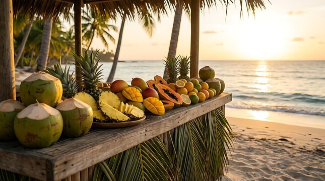 Fresh tropical fruit stand with coconuts and pineapple on a wooden table at the beach during sunset. beachside fruit stand