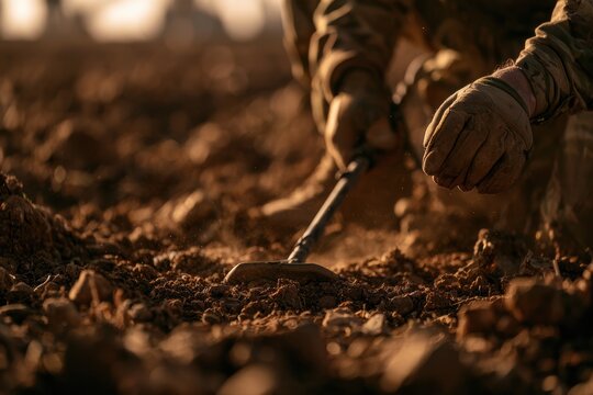 Soldier's gloved hands using a metal detector to clear landmines from a field