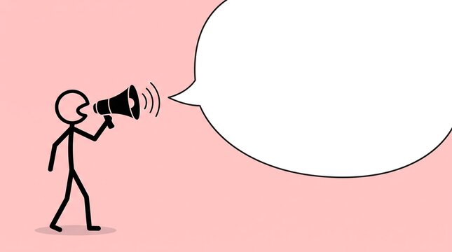 Minimalist stick figure shouting into megaphone, large blank speech bubble for text, creative announcement concept on pink background