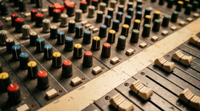 Close-Up of Analog Soundboard in Recording Studio