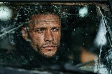 Obraz premium Scarred soldier man looking through a shattered windshield from inside a vehicle