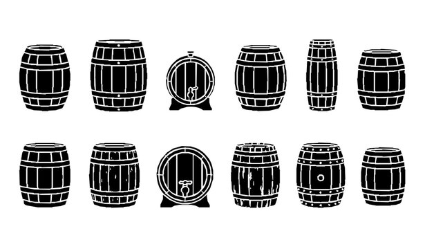 Wooden Barrel Vector Set, Black Rustic Cask and Storage Container Icons