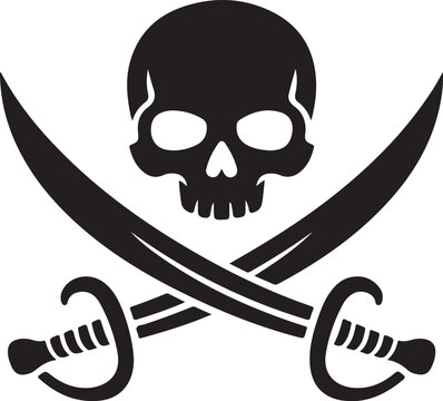Jolly Roger pirate flag vector icon with skull and crossbones cutlasses