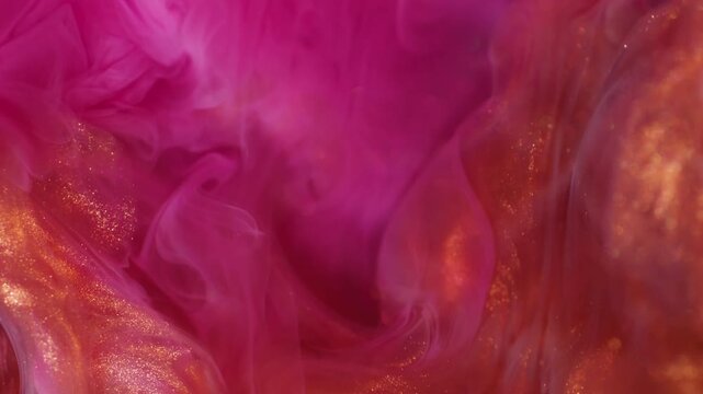 Steam flow blur. Colorful fog. Pink orange pigment dissolve in cloud texture. Ink haze abstract shimmering curl bright background.