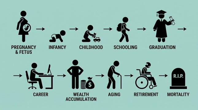 Human life cycle infographic, chronological stages from pregnancy to mortality, aging process icons for financial planning