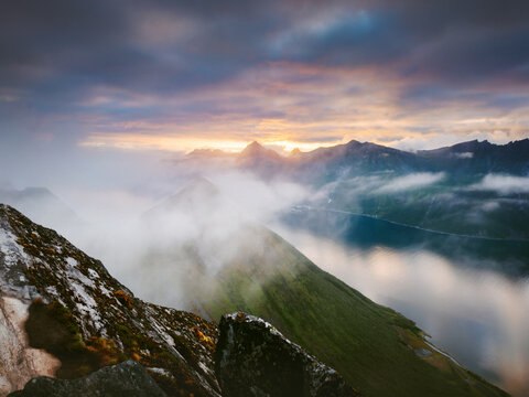 Senja aerial view in northern Norway foggy mountains and fjord landscape peaceful scenery, Arctic wild nature summer season midnight sun travel destinations beautiful places in Scandinavia
