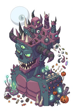 Halloween Isometric illustration vector of devil with Imagination Thinking elements