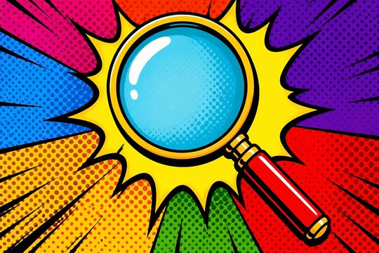 Magnifying glass illustration over colorful pop art burst