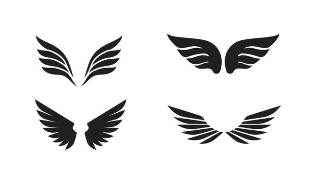 Vector illustration of four black wing pairs in different graphic styles isolated on white background