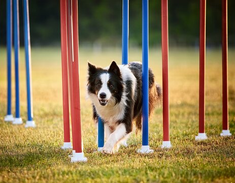 border collie weaving between training poles at outdoor agility course