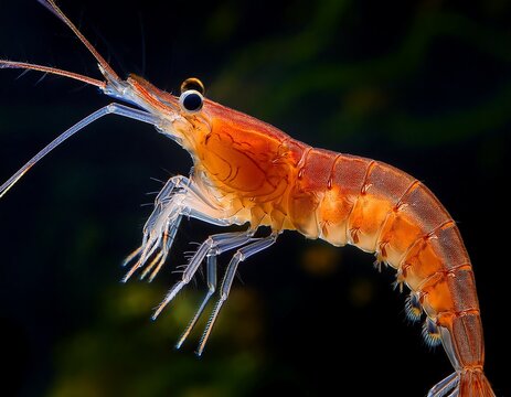 close up macro shot of an orange brine shrimp swimming in dark water showing delicate translucent limbs and detailed anatomy perfect for biology marine life and aquaculture themes