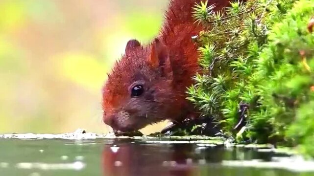 Red squirrel drinking water from a mossy forest edge in natural light