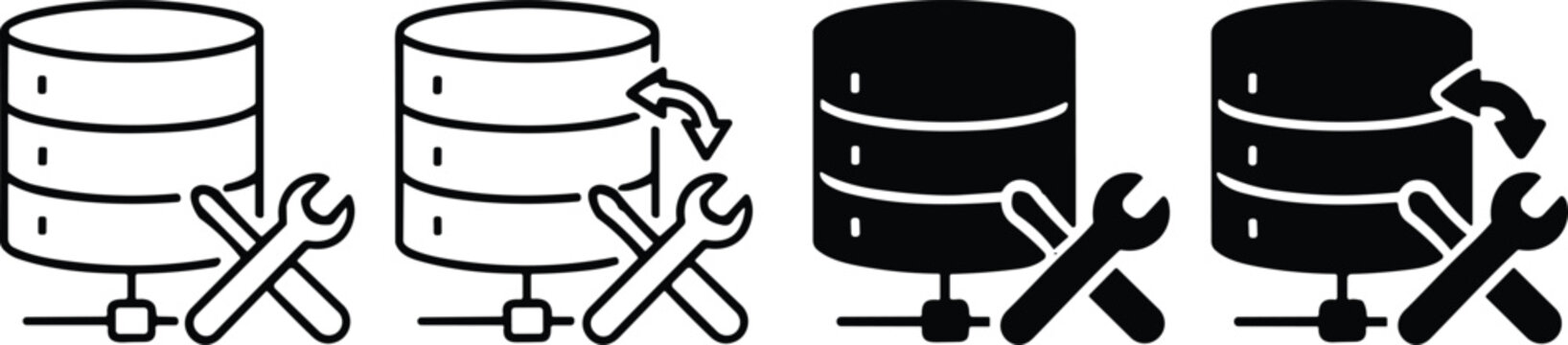 Database maintenance and server repair vector line and solid icons set, IT infrastructure management symbols