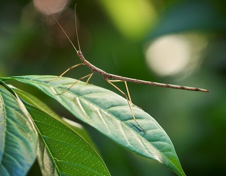 stick insect feeding on fresh green leaves in a tropical garden
