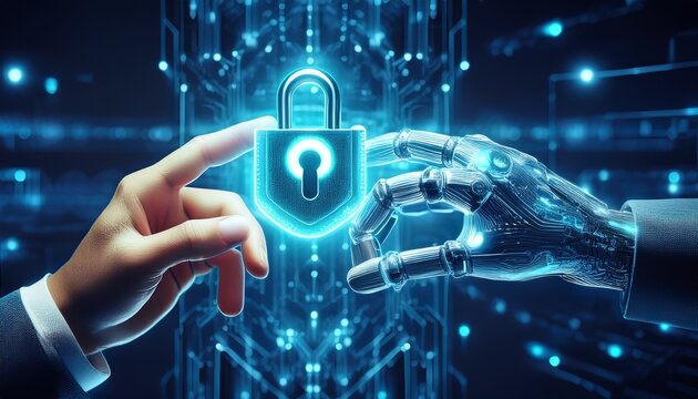 robotic hand interacting with digital lock ai cybersecurity futuristic technology data protection secure network cyber defense artificial intelligence security digital safety secure system