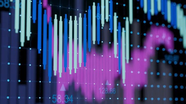 Chart displays financial market data with vertical bars showing stock prices. The background is dark with patterns and numbers visible. Highlighting trends in prices over time.
