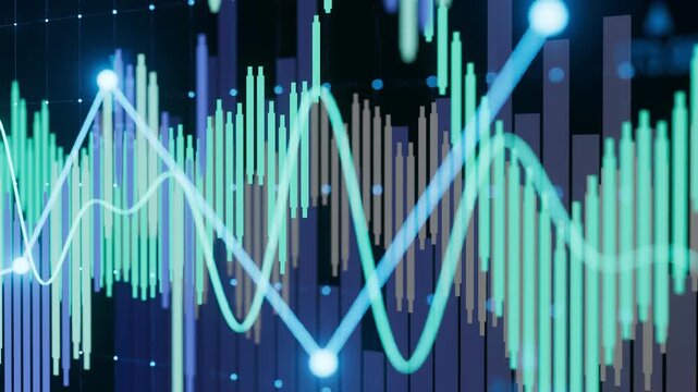 Data is displayed with various lines and points showing trends in financial markets. Colors represent different metrics in a modern digital format.
