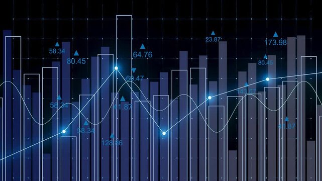Bars and lines represent data trends over time in a digital format. The scene shows various metrics with numbers indicating values on a grid background.