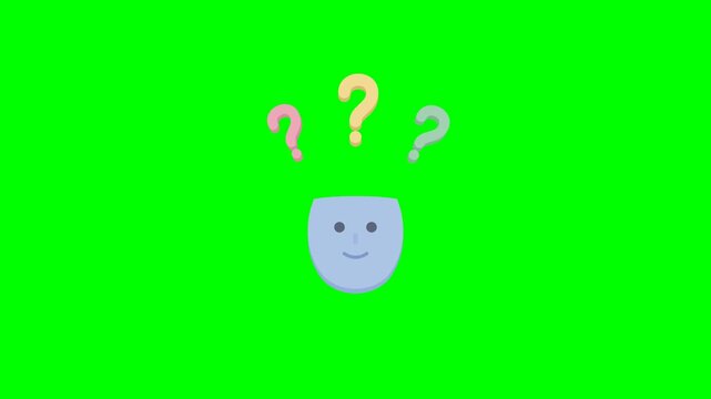 A light blue masked face with pink, yellow, and green question marks that appear sequentially and pulse continuously, over a green screen.