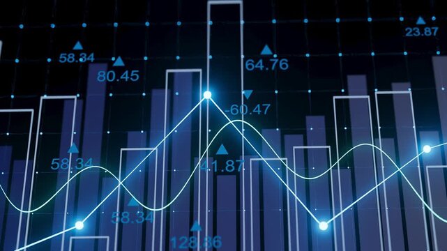 A bar chart displays various values in a grid pattern with a line graph running over the top. The colors include blue and purple. The graph shows fluctuations in data points.
